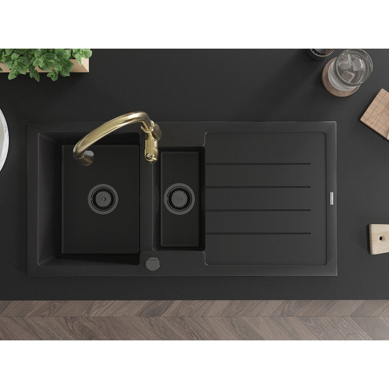 Mexen Andres Granitspüle 1,5-Kammer mit Abtropffläche und Küchenarmatur Savita, schwarz - 6515-77-672601-50-B