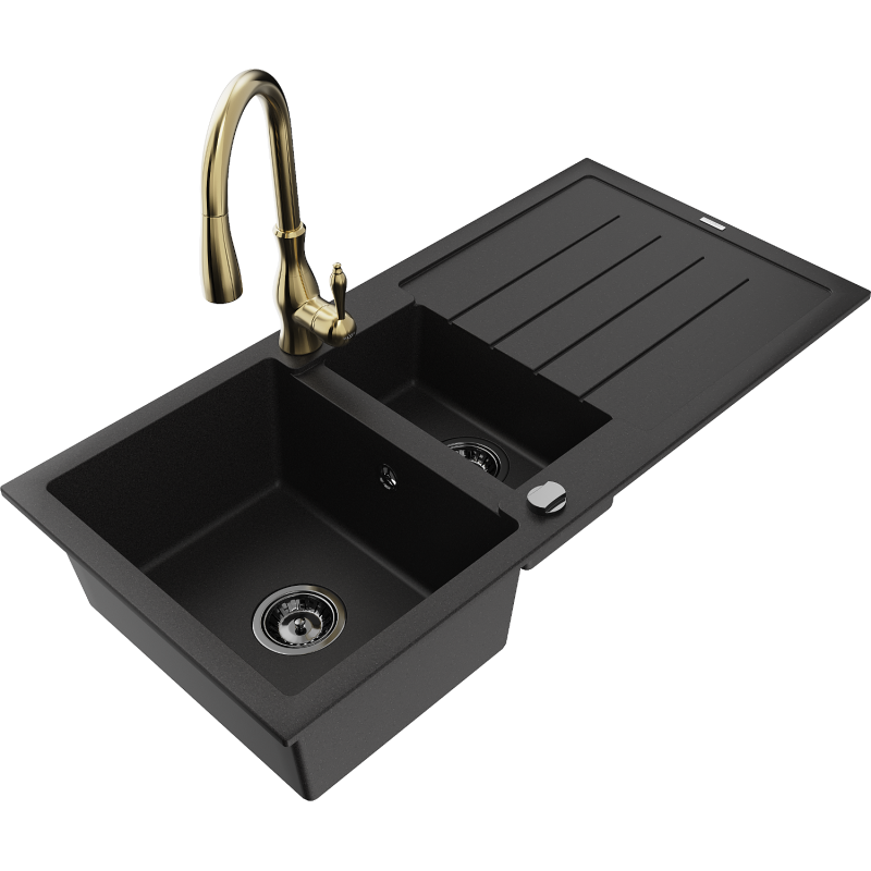 Mexen Andres fregadero de granito de 1,5 senos con escurridor y grifo de cocina Savita, negro - 6515-77-672601-50-B