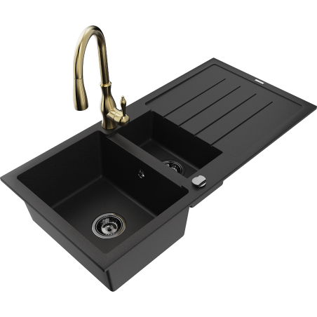 Mexen Andres fregadero de granito de 1,5 senos con escurridor y grifo de cocina Savita, negro - 6515-77-672601-50-B