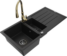 Mexen Andres granite sink 1.5-bowl with drainer and Savita kitchen faucet, black - 6515-77-672601-50-B