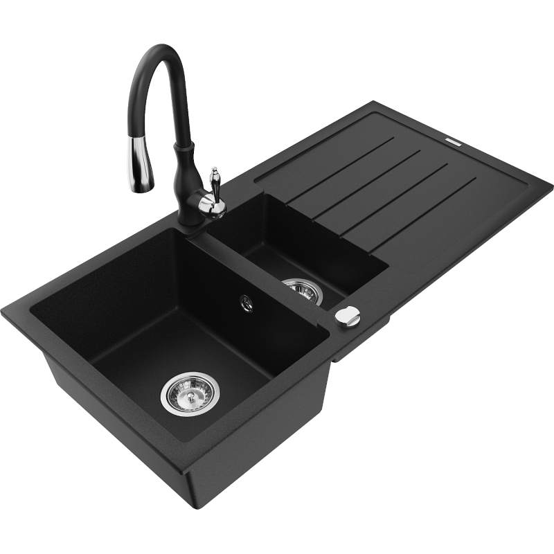 Mexen Andres fregadero de granito de 1,5 senos con escurridor y grifo de cocina Savita, negro - 6515-77-672601-70