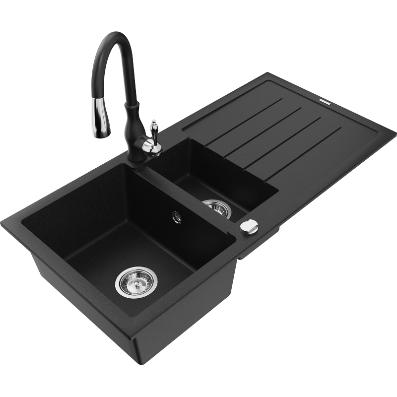 Mexen Andres granite sink 1.5-bowl with drainer and Savita kitchen tap, black - 6515-77-672601-70