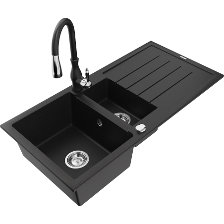 Mexen Andres granite sink 1.5-bowl with drainer and Savita kitchen tap, black - 6515-77-672601-70
