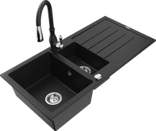 Mexen Andres granite sink 1.5-bowl with drainer and Savita kitchen tap, black - 6515-77-672601-70