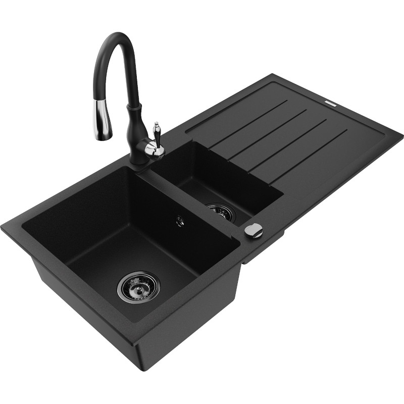 Mexen Andres fregadero de granito de 1,5 cubetas con escurridor y grifo de cocina Savita, negro - 6515-77-672601-70-B