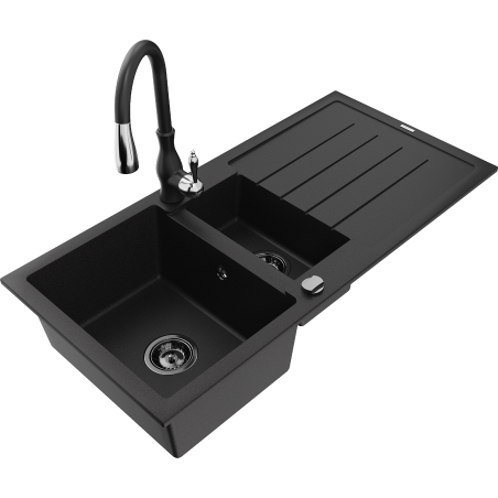 Mexen Andres fregadero de granito de 1,5 senos con escurridor y grifo de cocina Savita, negro - 6515-77-672601-70-B