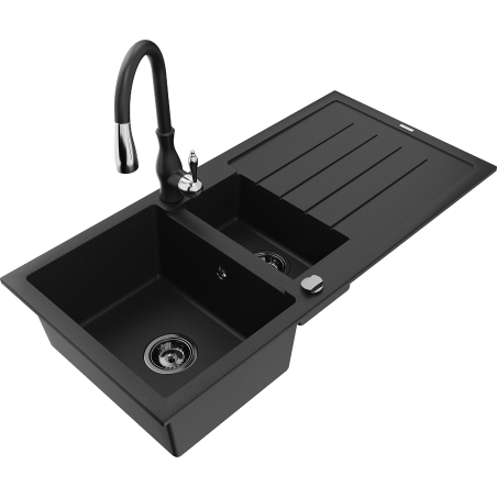Mexen Andres granite sink 1.5-bowl with drainer and Savita kitchen tap, black - 6515-77-672601-70-B