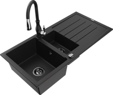 Mexen Andres granite sink 1.5-bowl with drainer and Savita kitchen tap, black - 6515-77-672601-70-B