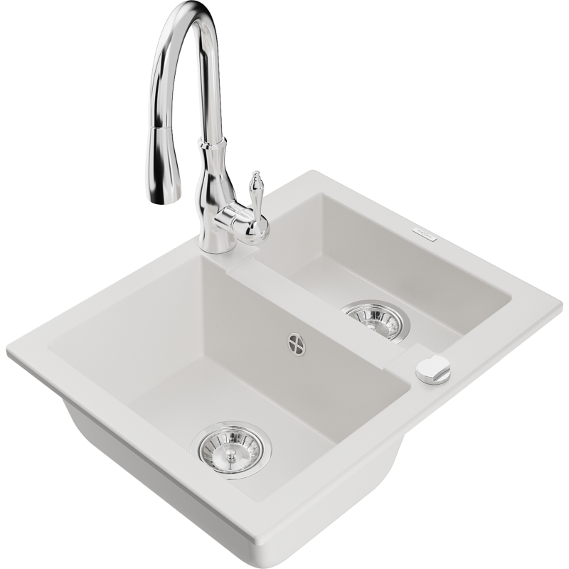 Mexen Carlos granite sink 1.5-bowl with Savita kitchen tap, white - 6518-20-672601-00