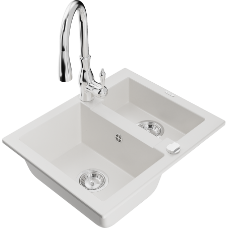 Mexen Carlos granit izlietne 1,5 nodalījumi ar virtuves jaucējkrānu Savita, balta - 6518-20-672601-00