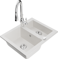 Mexen Carlos granite sink 1.5-bowl with Savita kitchen tap, white - 6518-20-672601-00