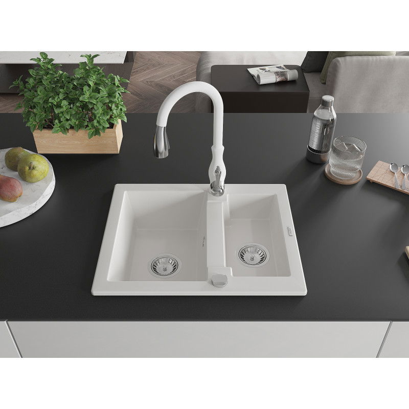 Mexen Carlos granite sink 1.5-bowl with Savita kitchen tap, white - 6518-20-672601-20