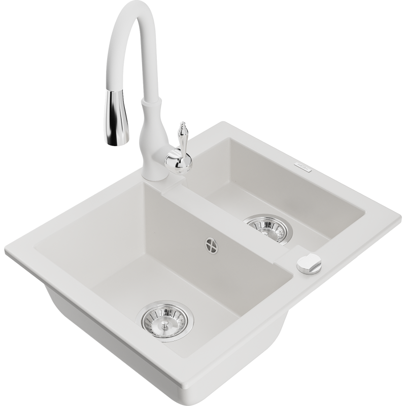 Mexen Carlos granitdiskho 1,5-bassäng med köksblandare Savita, vit - 6518-20-672601-20