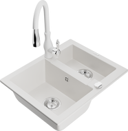 Mexen Carlos granite sink 1.5-bowl with Savita kitchen tap, white - 6518-20-672601-20