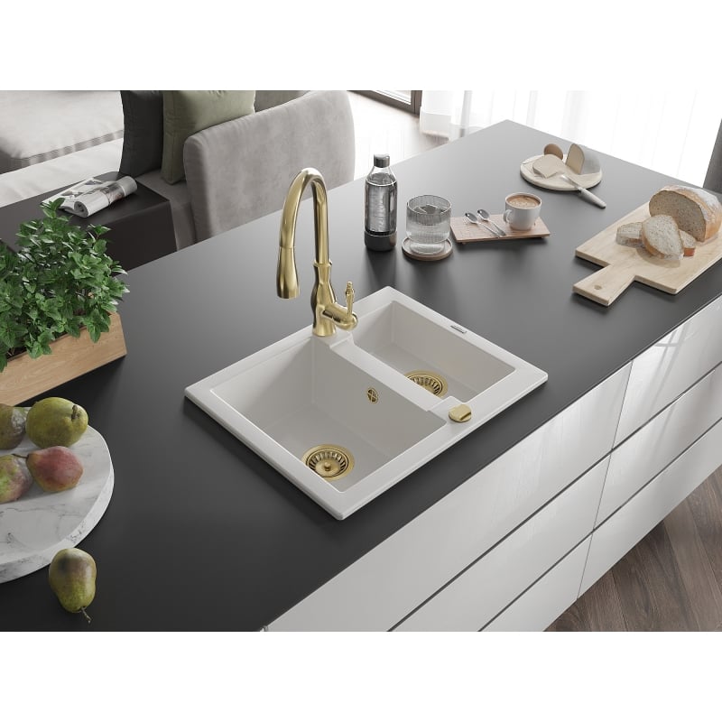 Mexen Carlos granite sink 1.5-bowl with Savita kitchen faucet, white - 6518-20-672601-50