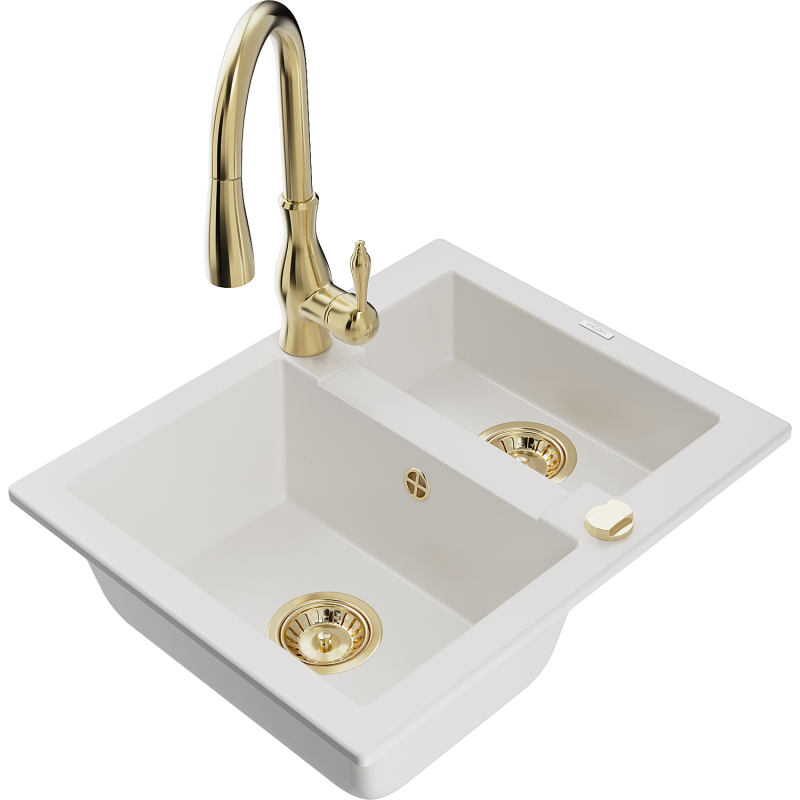 Mexen Carlos 1.5-bowl granite sink with Savita kitchen tap, white - 6518-20-672601-50