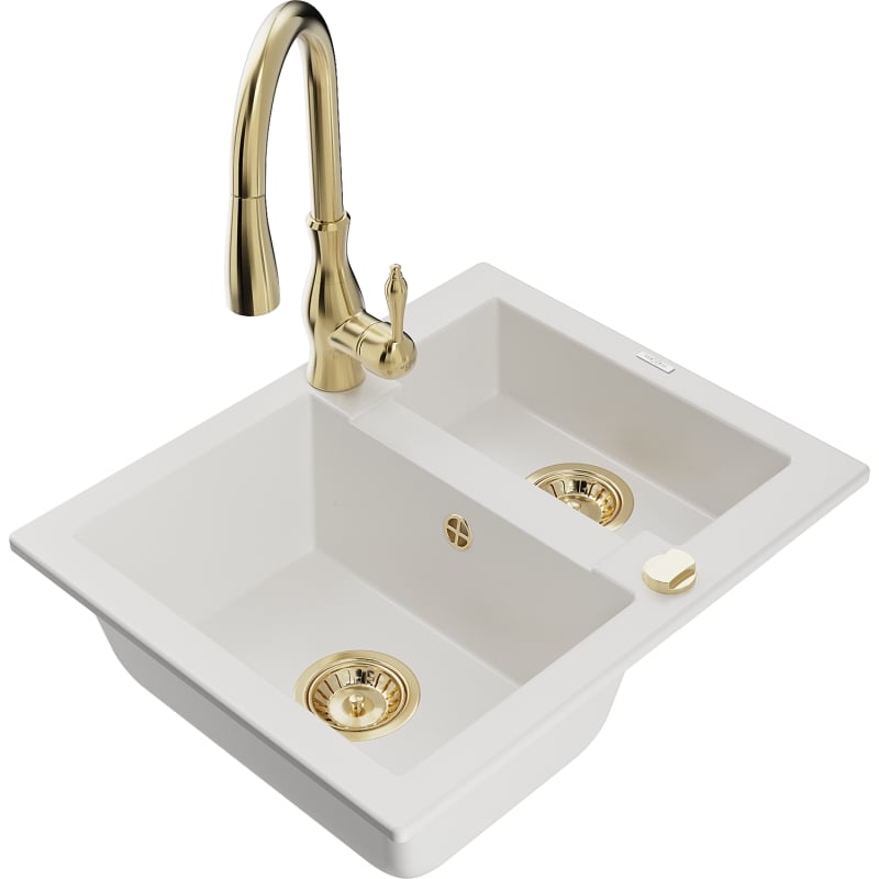 Mexen Carlos granite sink 1.5-bowl with Savita kitchen faucet, white - 6518-20-672601-50