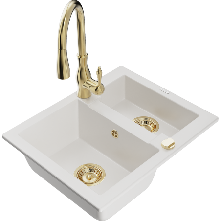 Mexen Carlos granite sink 1.5-bowl with Savita kitchen faucet, white - 6518-20-672601-50