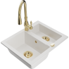 Mexen Carlos granite sink 1.5-bowl with Savita kitchen faucet, white - 6518-20-672601-50