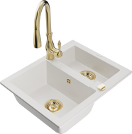 Mexen Carlos 1.5-bowl granite sink with Savita kitchen tap, white - 6518-20-672601-50