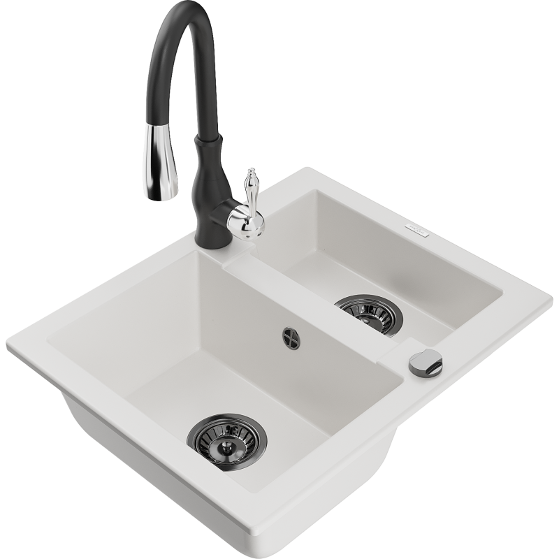 Mexen Carlos graniittinen 1,5-allas keittiöallas Savita-keittiöhanalla, valkoinen - 6518-20-672601-70