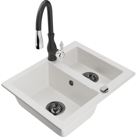 Mexen Carlos évier en granit 1,5 cuve avec robinet de cuisine Savita, blanc - 6518-20-672601-70