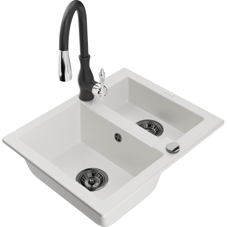 Mexen Carlos granitische gootsteen 1,5-kamer met keukenkraan Savita, wit - 6518-20-672601-70