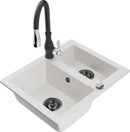 Mexen Carlos 1.5-bowl granite sink with Savita kitchen tap, white - 6518-20-672601-70