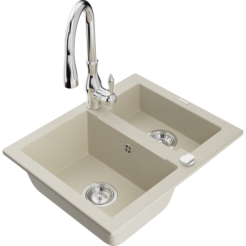 Mexen Carlos fregadero de granito de 1,5 senos con grifo de cocina Savita, beige - 6518-69-672601-00
