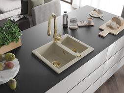 Mexen Carlos granite sink 1.5-bowl with Savita kitchen tap, beige - 6518-69-672601-50