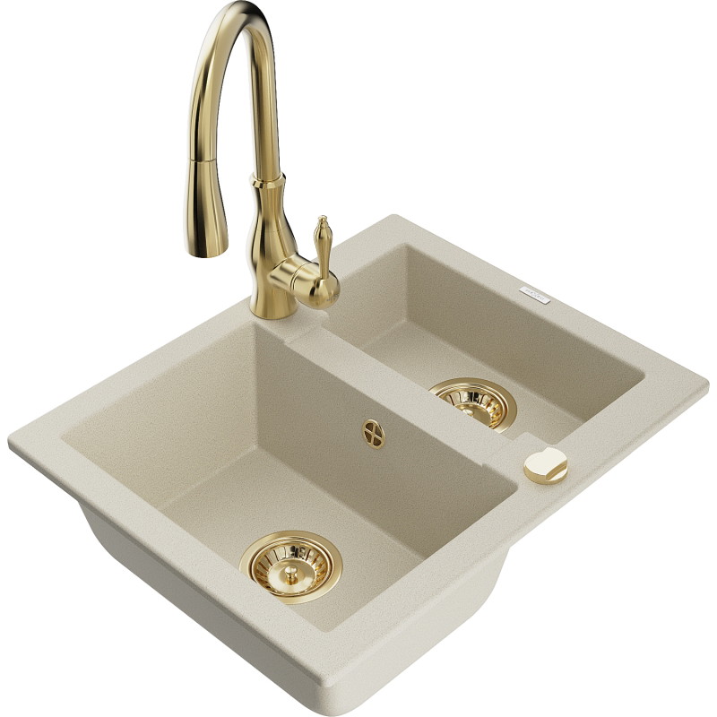 Mexen Carlos Granitspüle 1,5-beckig mit Küchenarmatur Savita, beige - 6518-69-672601-50