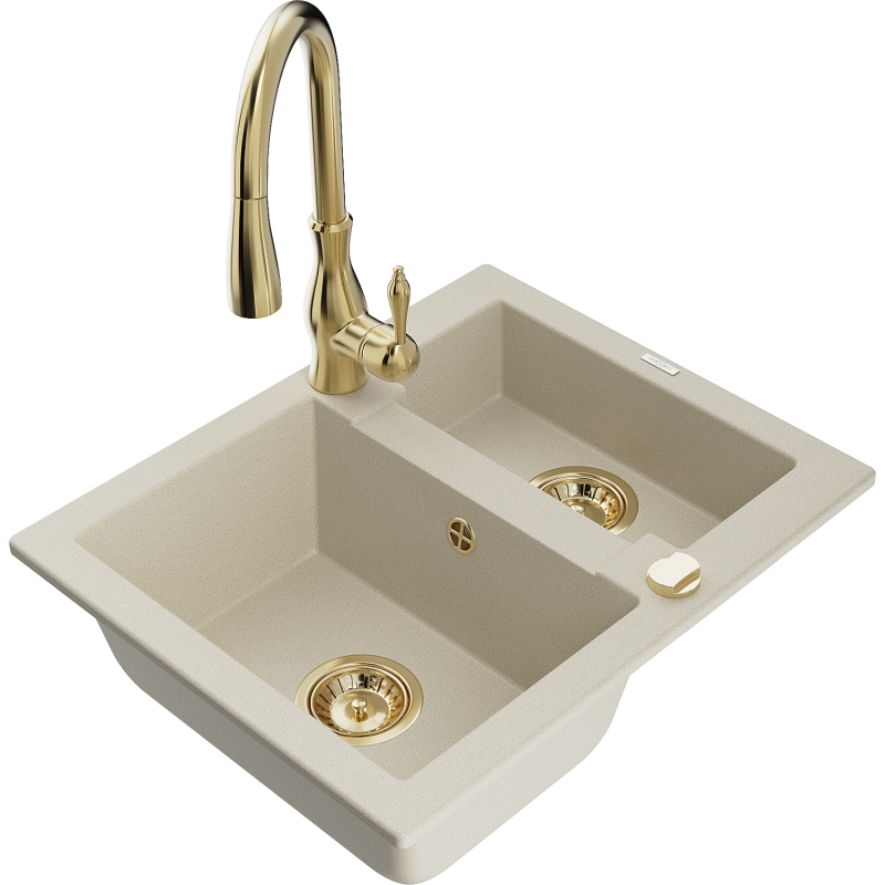 Mexen Carlos lavello in granito 1,5 vasche con rubinetto cucina Savita, beige - 6518-69-672601-50