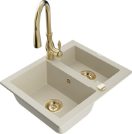 Mexen Carlos granite sink 1.5-bowl with Savita kitchen tap, beige - 6518-69-672601-50