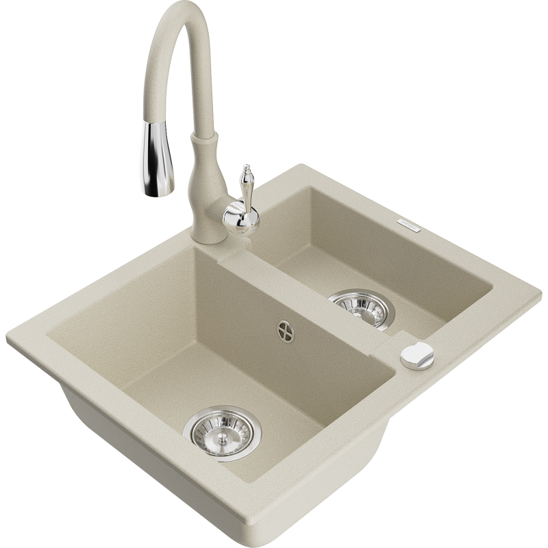 Mexen Carlos granite sink 1.5-bowl with Savita kitchen tap, beige - 6518-69-672601-69