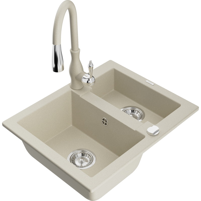 Mexen Carlos granitspüle 1,5-beckig mit küchenarmatur Savita, beige - 6518-69-672601-69