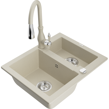 Mexen Carlos fregadero de granito de 1.5 senos con grifo de cocina Savita, beige - 6518-69-672601-69
