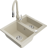 Mexen Carlos granite sink 1.5-bowl with Savita kitchen tap, beige - 6518-69-672601-69