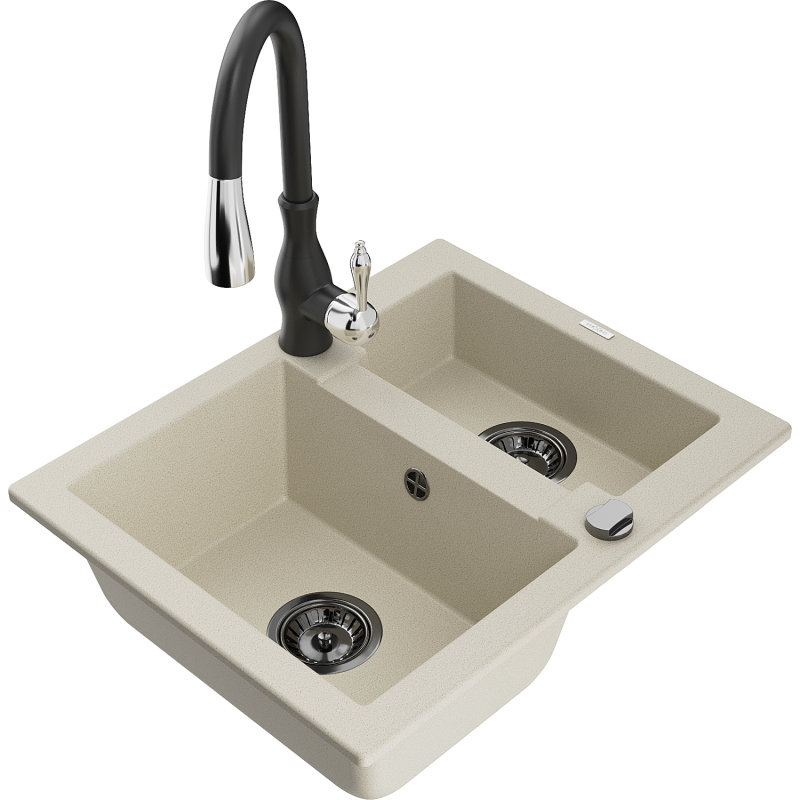 Mexen Carlos fregadero de granito 1,5-cubetas con grifo de cocina Savita, beige - 6518-69-672601-70