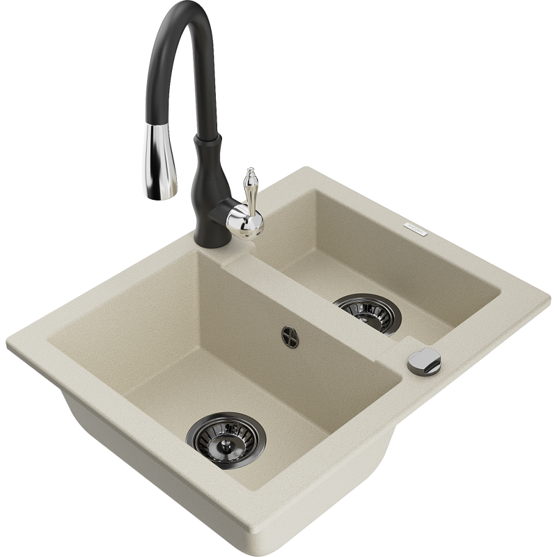 Mexen Carlos Granitspüle 1,5-seitig mit Küchenarmatur Savita, beige - 6518-69-672601-70