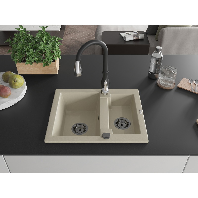 Mexen Carlos fregadero de granito de 1,5 senos con grifo de cocina Savita, beige - 6518-69-672601-70