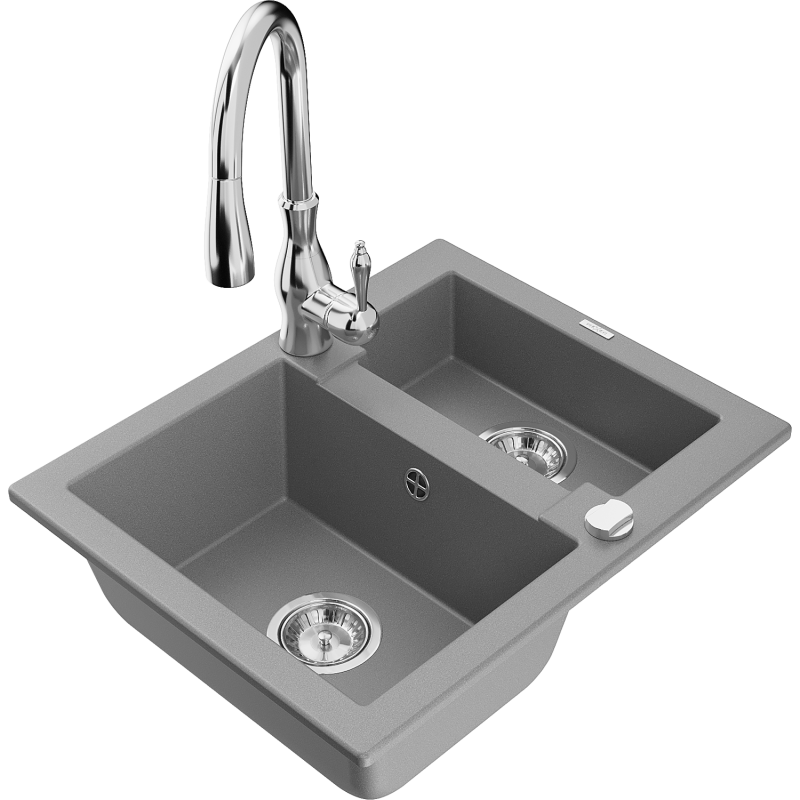 Mexen Carlos fregadero de granito de 1,5 senos con grifo de cocina Savita, gris - 6518-71-672601-00