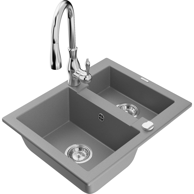 Mexen Carlos granite sink 1.5-bowl with Savita kitchen tap, grey - 6518-71-672601-00