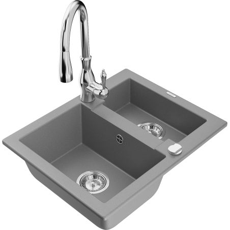Mexen Carlos granite sink 1.5-bowl with Savita kitchen tap, grey - 6518-71-672601-00