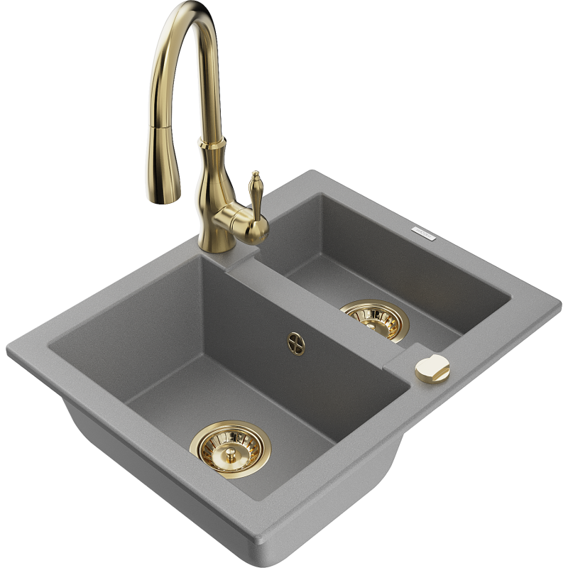 Mexen Carlos granite sink 1.5-bowl with Savita kitchen tap, grey - 6518-71-672601-50