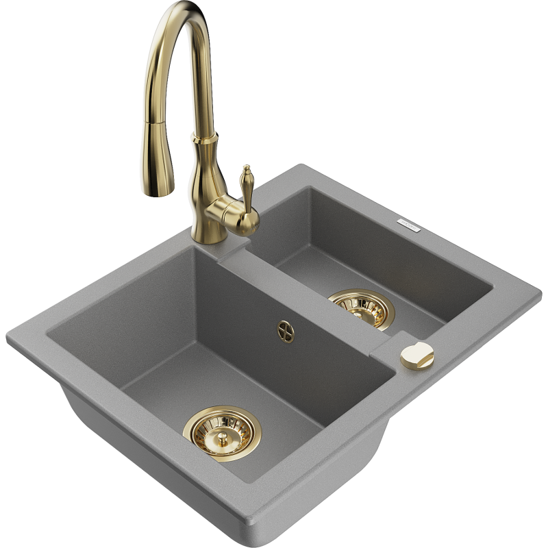 Mexen Carlos lava-loiça de granito 1,5-cuba com torneira de cozinha Savita, cinzento - 6518-71-672601-50
