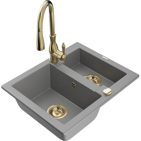 Mexen Carlos évier en granit 1,5 cuves avec robinet de cuisine Savita, gris - 6518-71-672601-50