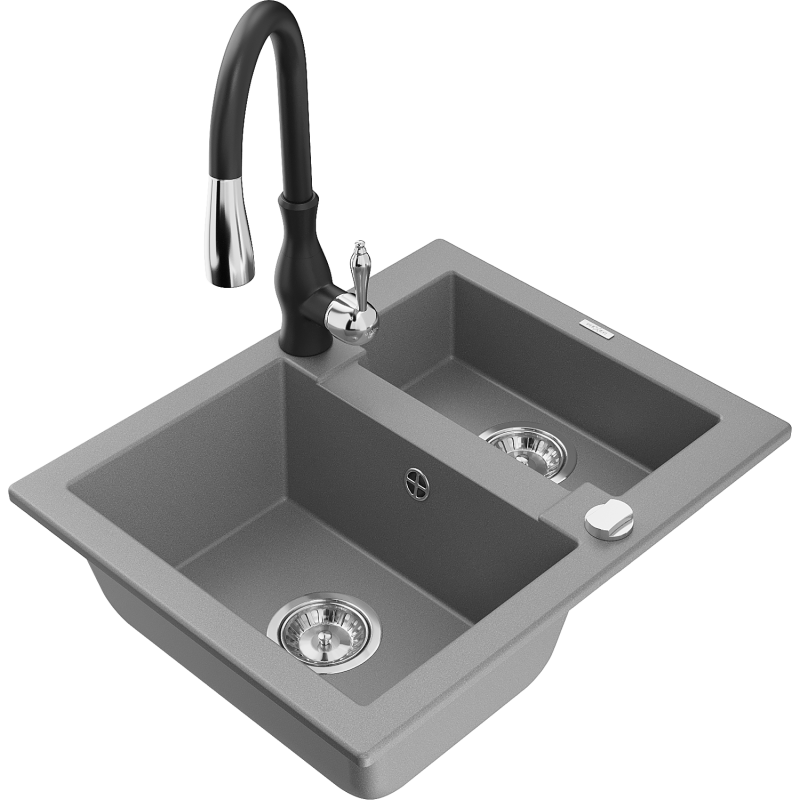 Mexen Carlos granite sink 1.5-bowl with Savita kitchen tap, grey - 6518-71-672601-70