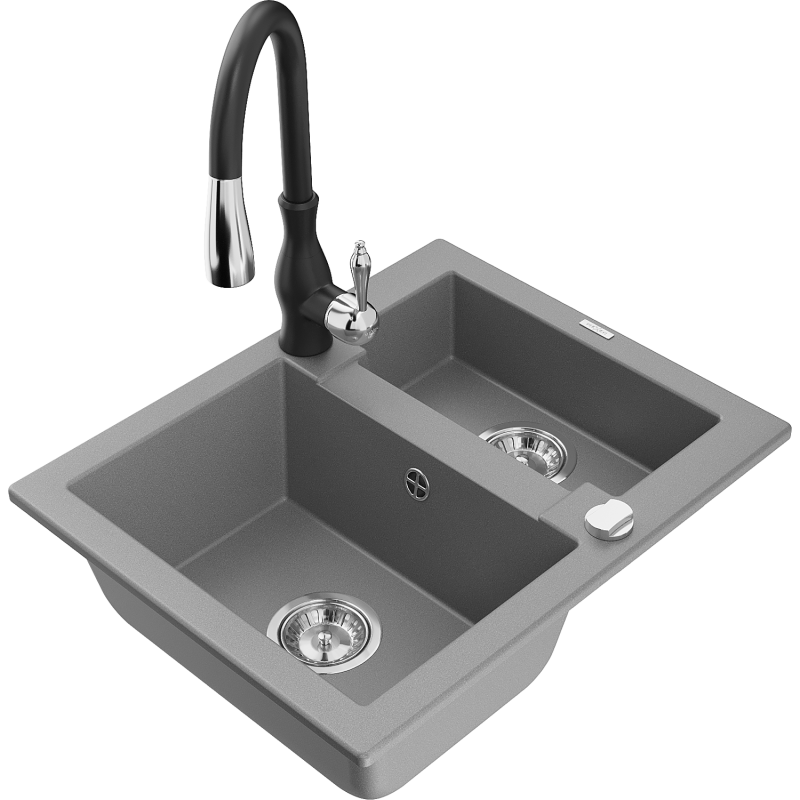 Mexen Carlos lava-loiça de granito de 1,5 cubas com torneira de cozinha Savita, cinza - 6518-71-672601-70