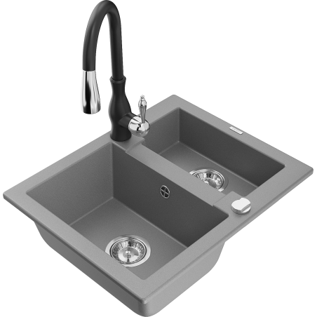 Mexen Carlos granite sink 1.5-bowl with Savita kitchen tap, grey - 6518-71-672601-70