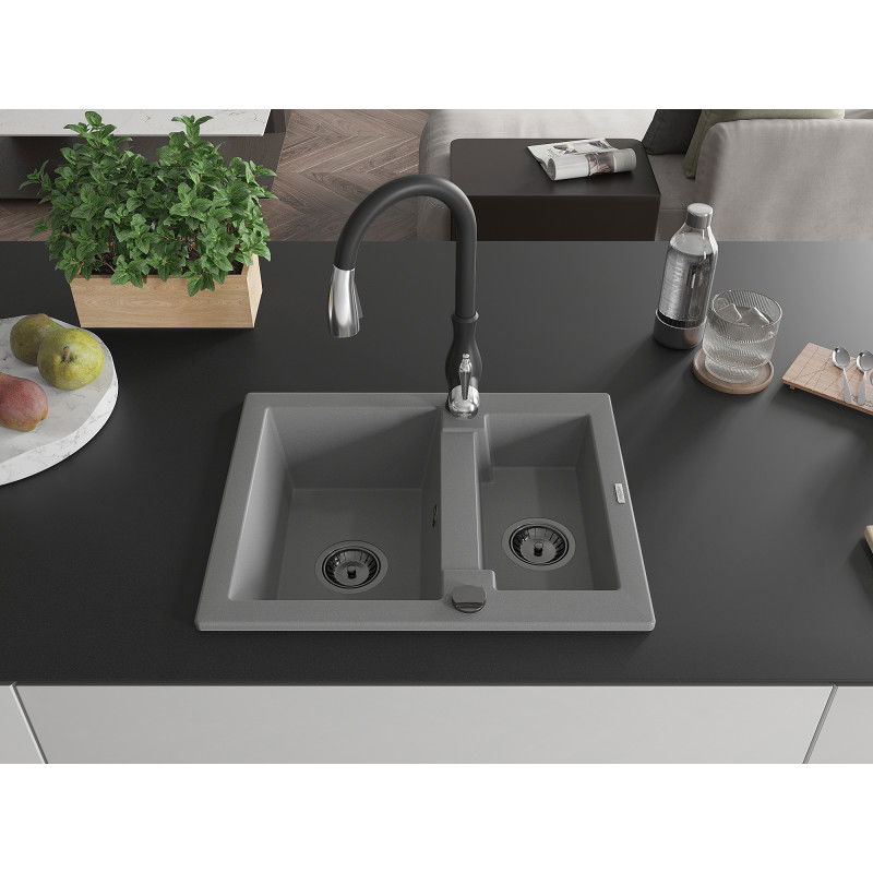 Mexen Carlos granite sink 1.5-bowl with Savita kitchen faucet, grey - 6518-71-672601-70-B